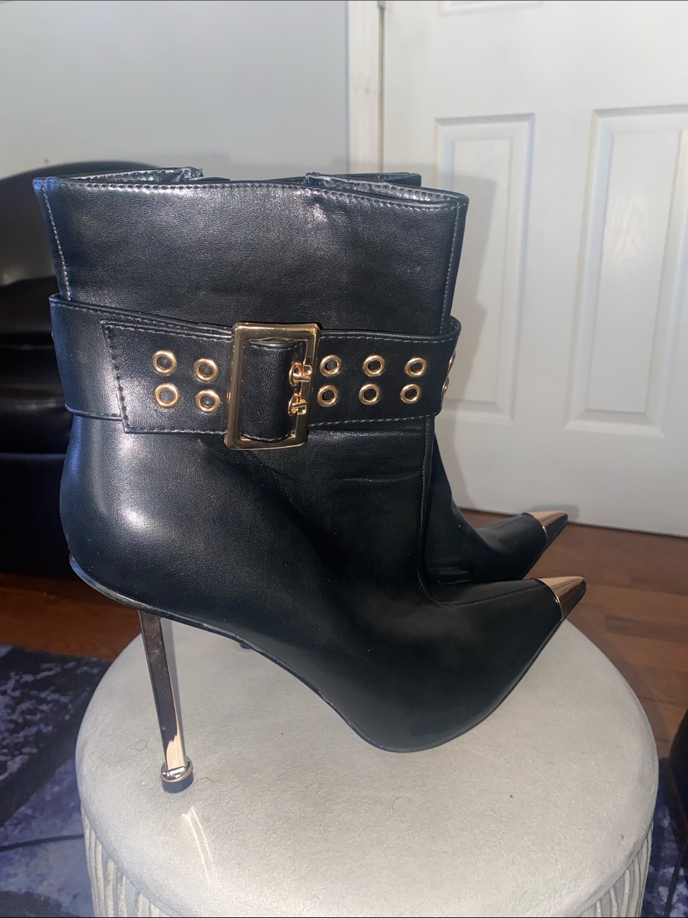 Fashion Nova Black Pointed Toe Ankle Boots with Gold Hardware